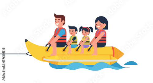 Family Having Fun On The Banana Boat, Tropical Summer Vacation Theme Illustration