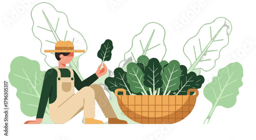 Farmer Harvesting Fresh Greens From His Basket In A Hand Drawn Illustrative Style