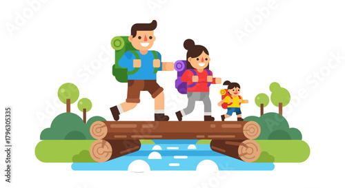 Family Hiking Adventure: A Cheerful Journey Across The Log Bridge In Nature