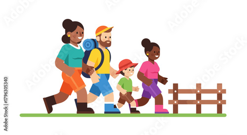 Family Hiking Adventure Animated Cartoon Depicting Outdoors Exploration and Togetherness Moments