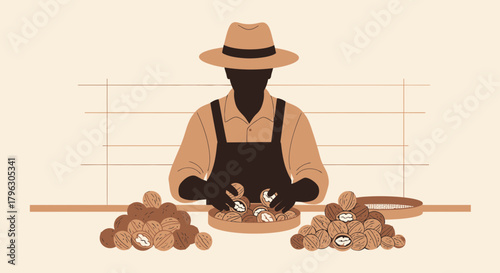 Farmer Harvesting Walnuts Represents Healthy Food and Agricultural Production in a Simple Style