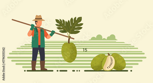 Farmer Harvesting Tropical Fruit on a Green Field in a Natural and Artistic Illustration