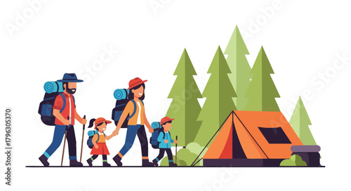 Family Hiking Adventure Camping In The Wilderness With Tent Under Pine Trees