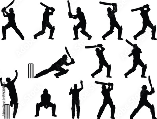 Cricket player silhouettes performing batting bowling fielding actions, sports collection showing dynamic movement, athletic poses and professional cricket match activities