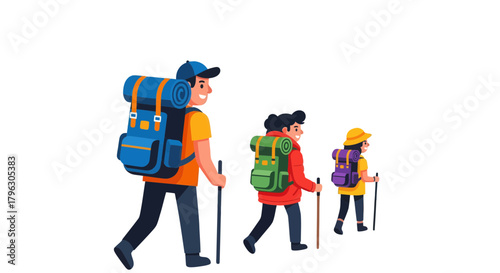 Family Hiking Adventure: Cartoon Illustration Depicting a Journey Through nature's beauty