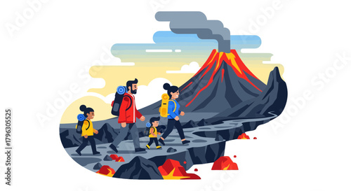 Family Hiking Adventure Near Active Volcano Under A Dynamic and Artistic Sky