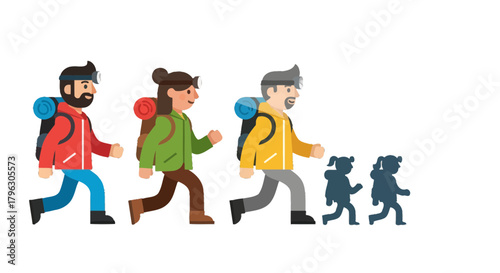 Family Hiking Adventure Through Darkness Illustration Of Mountain Trekking Trip Together
