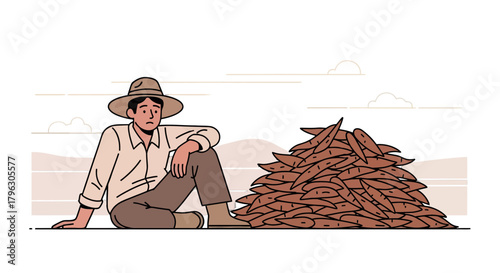 Farmer Resting Beside Harvest: A Somber Scene of Rural Life and Productivity