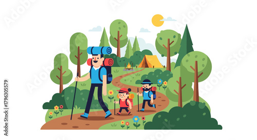Family Hiking Adventure Through Lush Forest Towards Their Outdoor Camping Experience