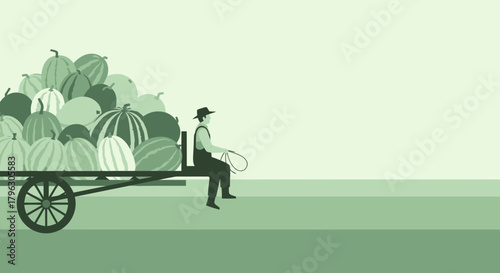 Farmer Resting On Wagon Full Of Watermelons After A Successful Harvest In Field