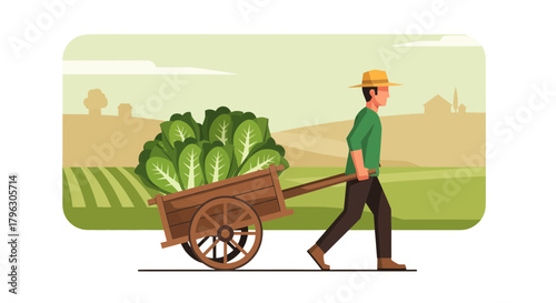 Farmer Transporting Fresh Produce in Wooden Cart Through a Landscape Scene