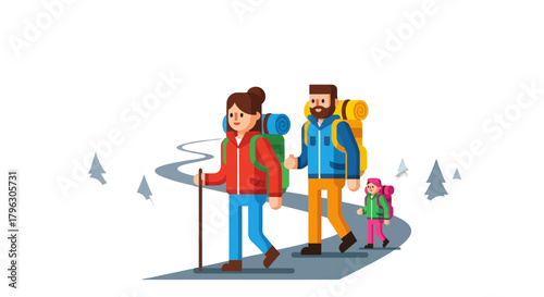 Family Hiking On Mountain Trail With Backpacks And Sticking In The Forest Environment