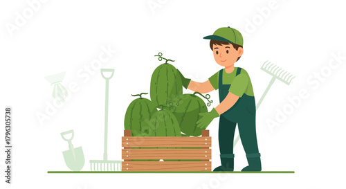 Farmer Working Outdoors: Gathering Watermelons For Harvest and Loading Them Into a Crate