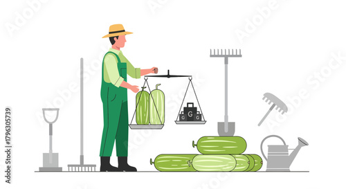 Farmer Weighs Harvested Melons Using a Scale Indicating a Successful Crop Yield