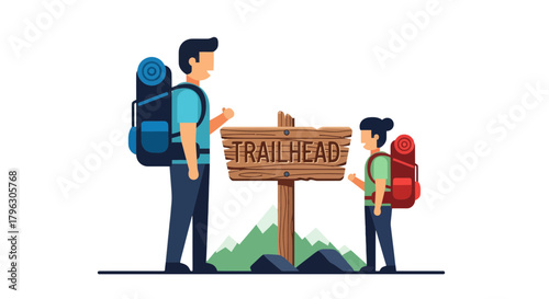 Father And Child At Trailhead Sign, Ready For Adventure In The Great Outdoors