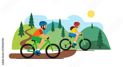 Father And Child Enjoying A Bike Ride On A Mountain Trail In The Afternoon