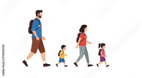 Family Hiking Together: A Vector Illustration Showcasing Exploration And Adventure.