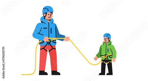 Father And Child Climbing With Safety Harnesses And Rope On Black Backdrop