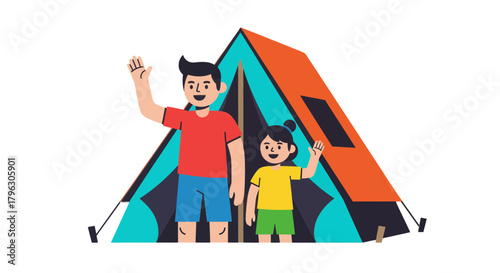 Father And Daughter Camping Together Giving a Friendly Wave For A Fun Family Adventure
