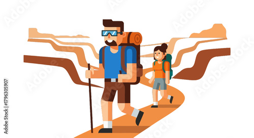 Father And Daughter Adventure Explore Mountains With Hiking Backpacks Together