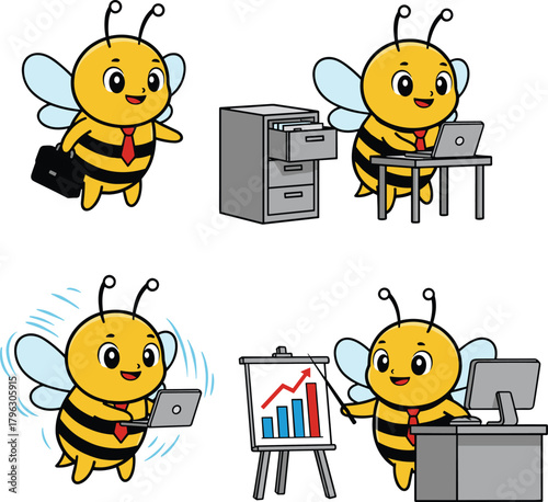 Cute cartoon business bee character working in office, using laptop, making presentation, flying with briefcase, productivity and teamwork concept illustration