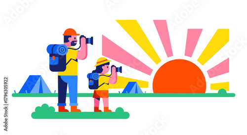 Father And Daughter Capture Sunrise During Camping Trip At The Lakeside Vector Illustration