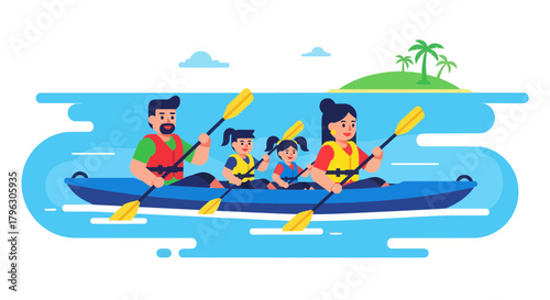 Family Paddling Together on Vacation: Kayaking Adventure with Smiling Expressions