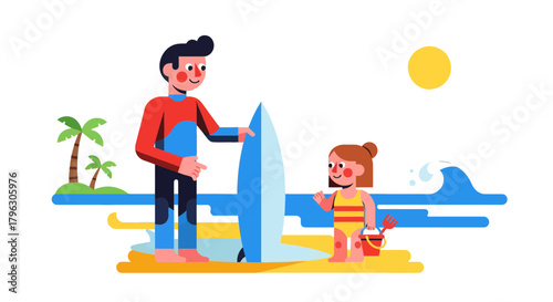 Father And Daughter Enjoying Summer Holiday On Beach With Surfboard And Sun