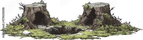 Two tree stumps in green grass isolated on a white background