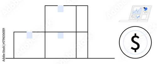 Stacked warehouse boxes, a laptop displaying financial charts, and a dollar sign representing logistics, finances, and operations. Ideal for business, analysis, management, investment supply chain