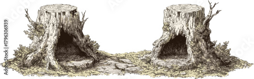 Old tree stump, vector graphic illustration, isolated on a white background