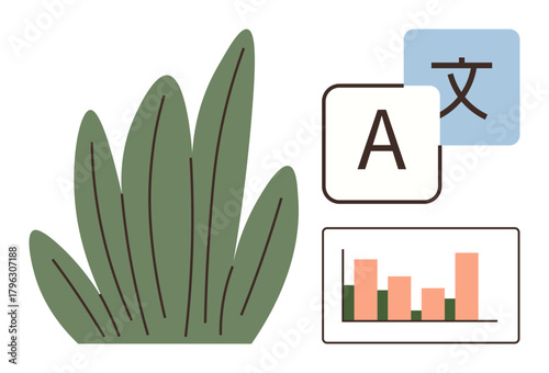 Green shrub beside language translation text boxes and bar chart showing growth data. Ideal for multilingual communication, education, analytics, global outreach, business growth, sustainability