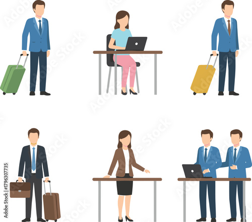 Business people traveling with luggage, working on laptop, professional teamwork concept, 