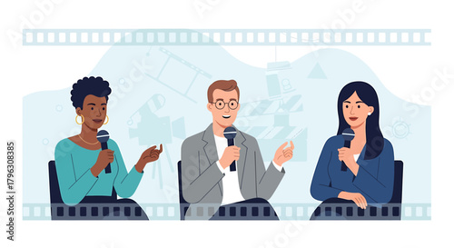 A flat design vector illustration depicting a panel of diverse independent filmmakers discussing their craft and experiences at a film festival. 