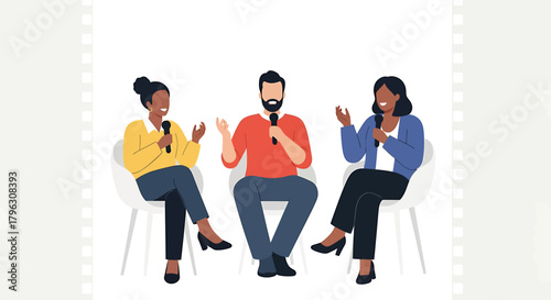 A flat design vector illustration depicting a panel of diverse independent filmmakers discussing their craft and experiences at a film festival. 
