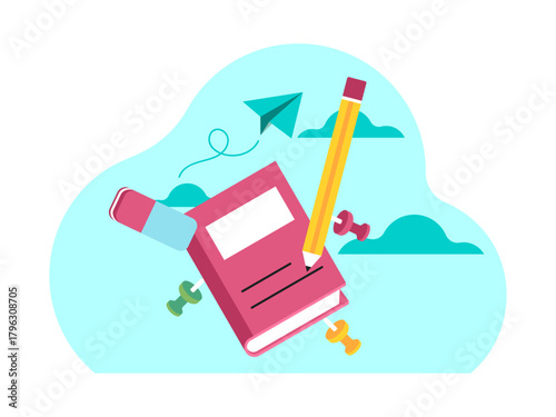 School supplies such as books, pencils, erasers, pin paper. Back to school vector illustration. Flat illustration concept.