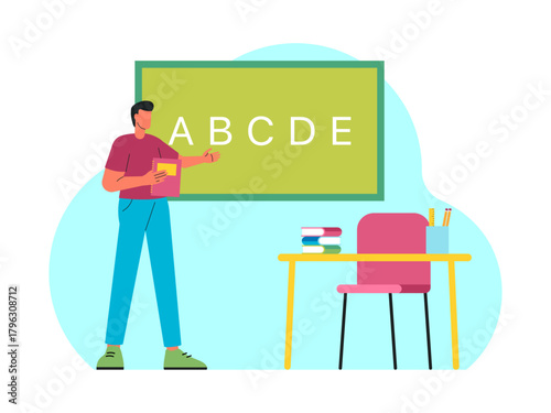 Male teacher is standing while teaching a lesson in classroom. Back to school vector illustration. Flat illustration concept.