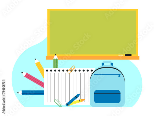 School supplies such as backpacks, notebooks, colored pencils, pens, pencils and whiteboards. Back to school vector illustration. Flat illustration concept.