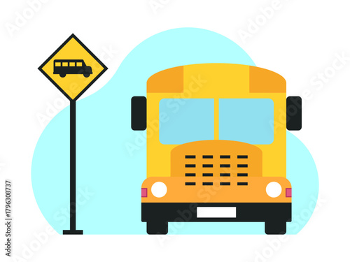 Yellow bus waiting for students to board to take them to their homes. Back to school vector illustration. Flat illustration concept.