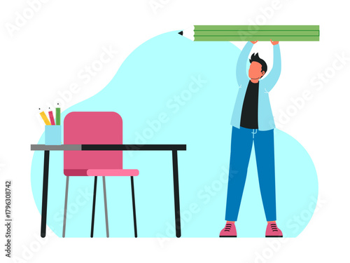 A male student is holding a big pencil, he is happy to go back to school. Back to school vector illustration. Flat illustration concept.