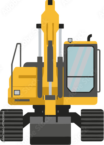 Front View Flat Style Yellow Excavator Construction Heavy Equipment Illustration
