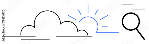 Cloud with sun rays emerging behind, magnifying glass focuses on details. Ideal for weather, discovery, clarity, exploration, research, analysis, future planning simple flat metaphor