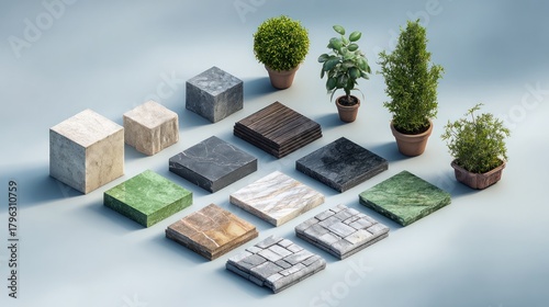 Elevated view of various paving stones and potted plants arranged on a surface.