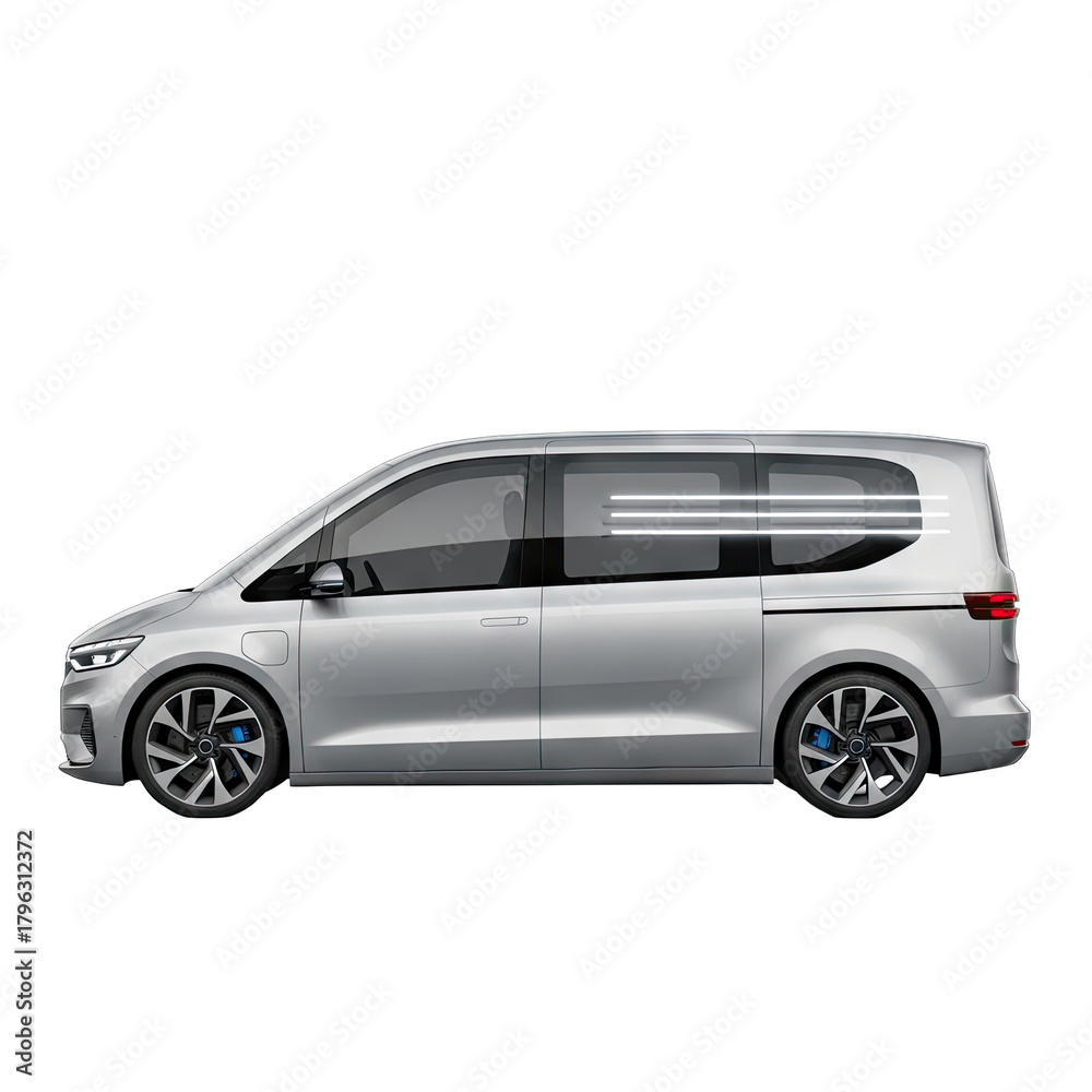 Obraz premium Silver Minivan Vehicle Side Profile With Blue Accents On Wheels And Black Tinted Windows Isolated On Transparent Background
