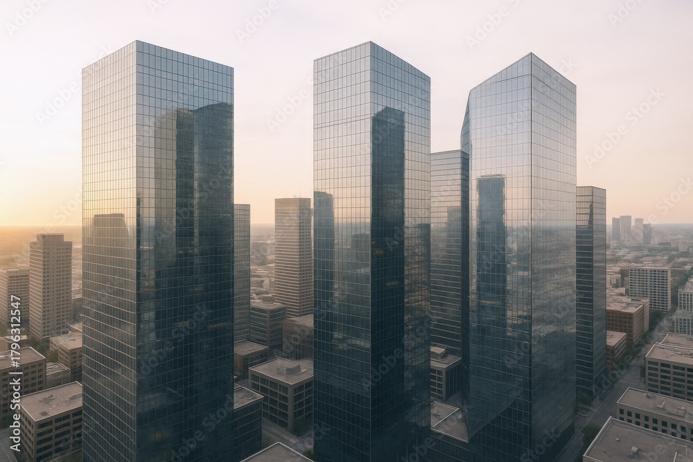 Obraz premium Modern Cityscape with Glass Skyscrapers Reflecting Sunset, Emphasizing Urban Development and Architectural Grandeur in the Evening Light