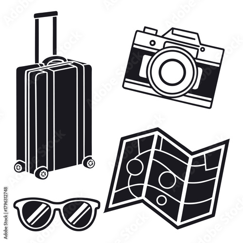 Travel essentials silhouette collection including suitcase, camera, sunglasses and map