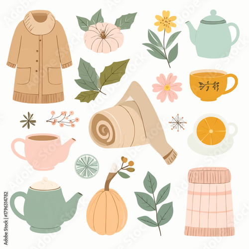 Vector illustration set of cute and cozy autumn essentials like warm clothes, hot tea, pumpkins, and leaves for a hygge lifestyle