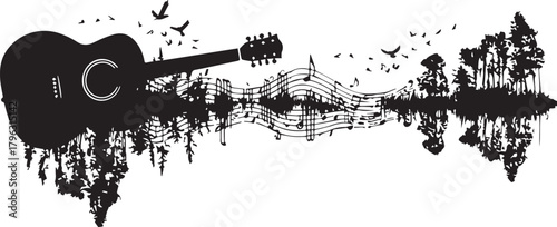 Melody's Embrace: An acoustic guitar silhouette gracefully merges with a musical landscape of notes and reflections, creating a harmonious and tranquil scene.