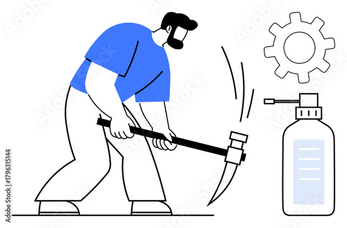 Worker striking with pickaxe near gear and liquid container representing industry, effort, repair, maintenance, construction, energy, hard work. Ideal for productivity, persistence and simple flat
