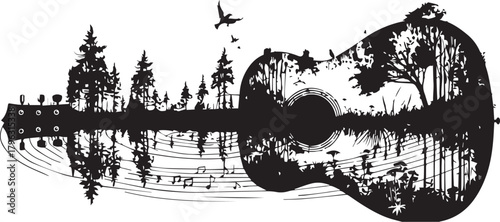 Acoustic Serenade: A silhouette of an acoustic guitar, its form embracing a serene nature scene. The guitar's strings hum a melody.